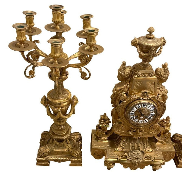 Large 19th Century French Doré Bronze Clock Garniture Marked Jules Graux, Paris.