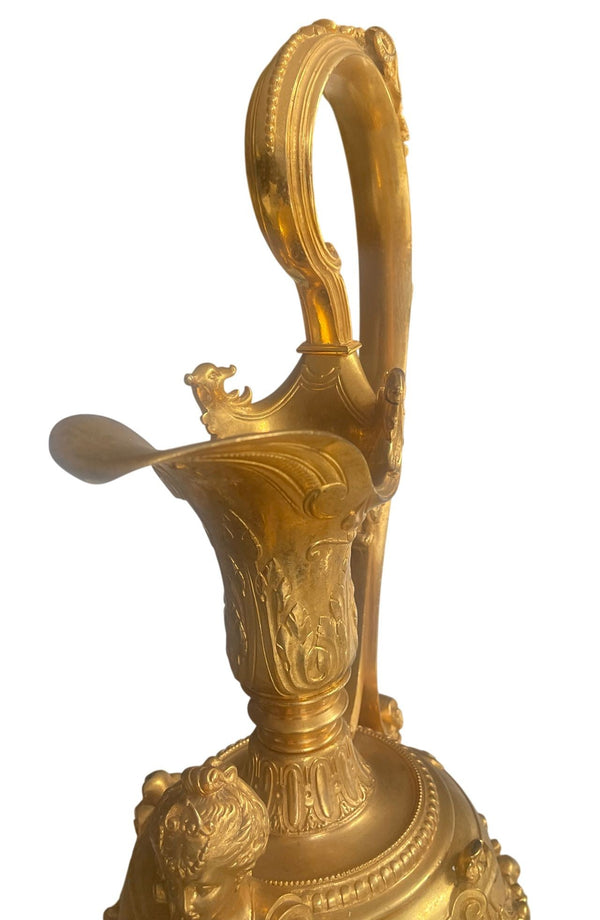 Pair of French Belle Époque Gilt Bronze Ewers on Marble Bases. Late 19th Century