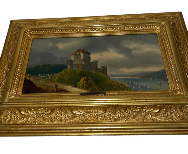 Late 19th Century Pair of European Castle Landscape Paintings by M. Day