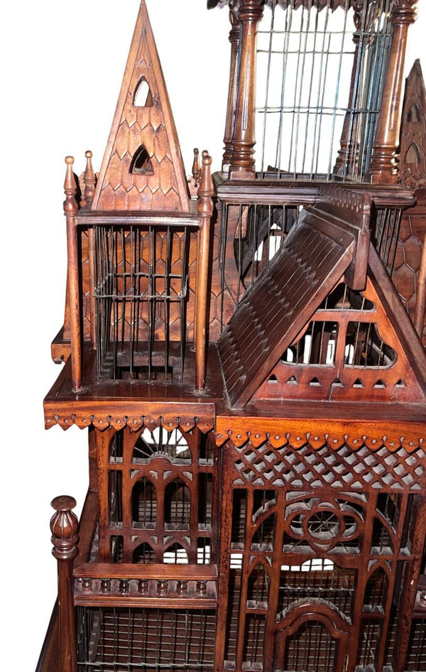 Monumental Victorian Gothic Revival Mahogany Bird Cage on Stand. England 19th C.