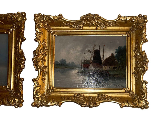 Set of Two 19th Century Antique Marine Oil Paintings in Gilt Frames
