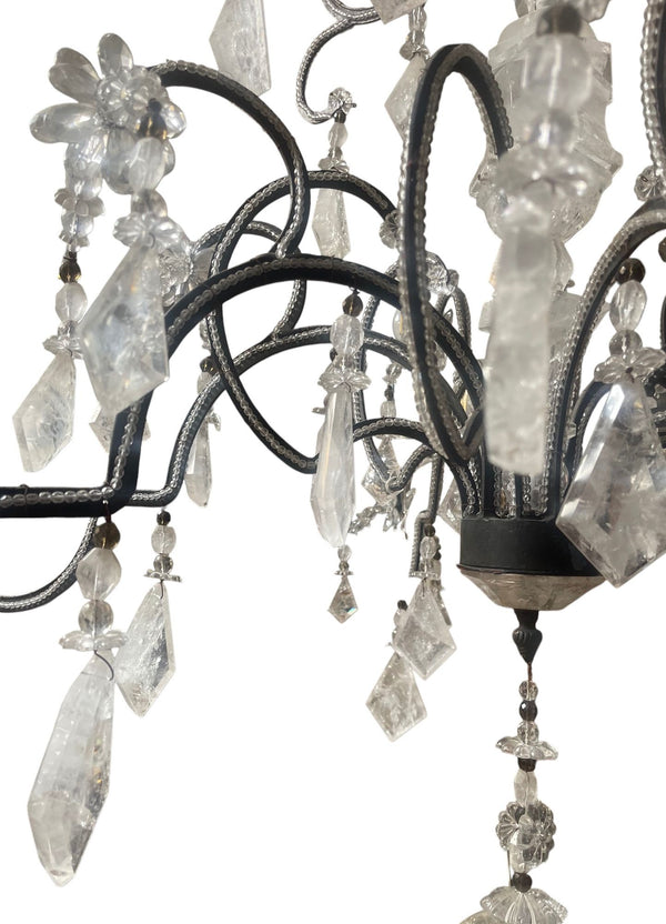 Elegant Italian Rock Crystal & Black Metal Chandelier. 20th Century.