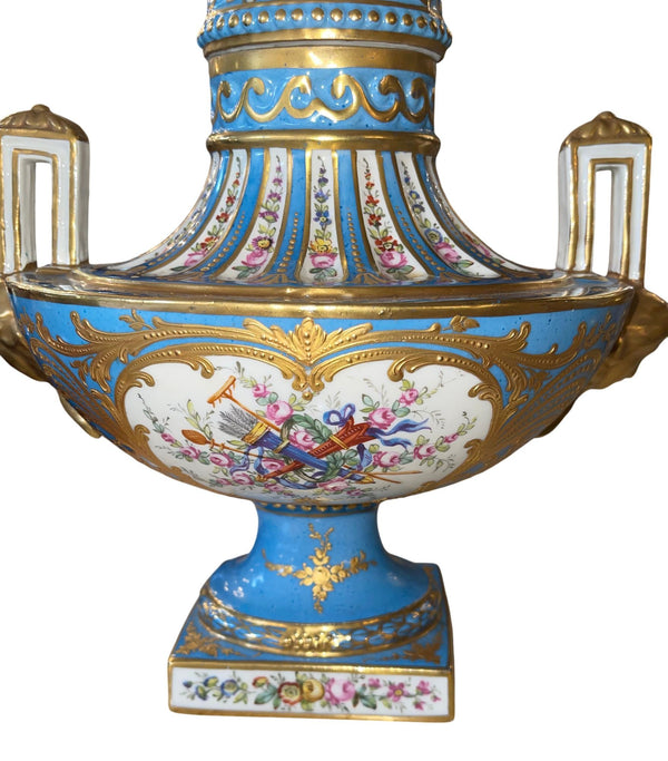 Pair of Sèvres Style Celestial Blue Porcelain Urns. Early 20th Century, France.