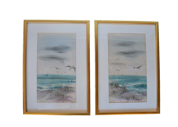 Signed David Norton Diptych Watercolor Painting on Canvas