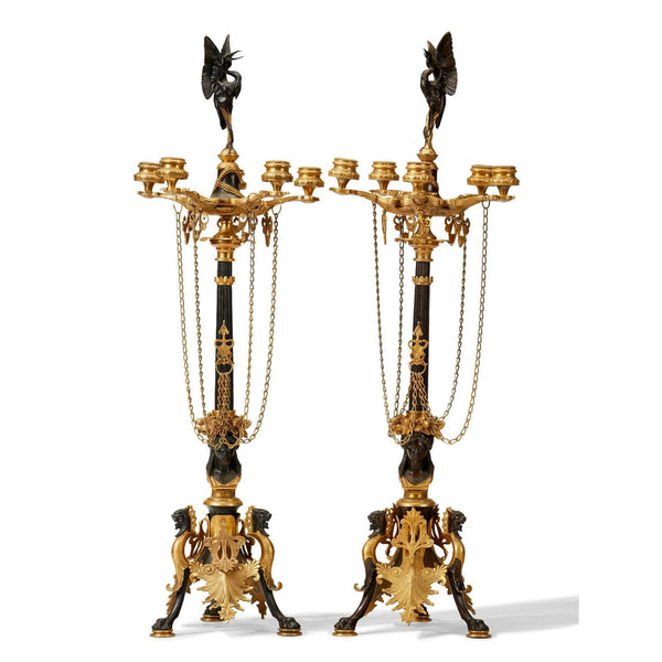 Pair of American Gilt D'ore Gold & Patinated Dark Bronze Empire Revival Candelabras