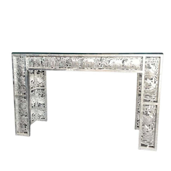 Metal Silver Leaf Finish Console with Elephant Scenes in the Jungle
