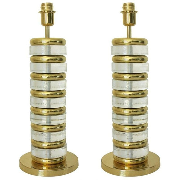 Pair of Italian Lamps with Clear Murano Glass and Polished Brass Frames