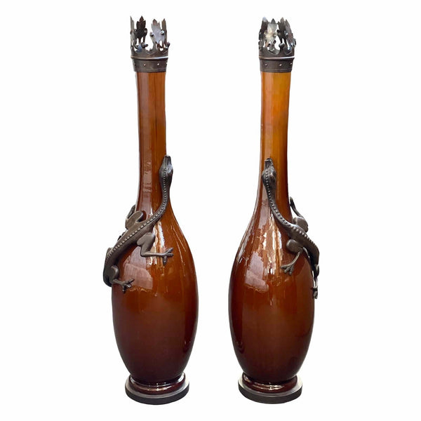 Pair of Iron-Mounted Glazed Earthenware Vases