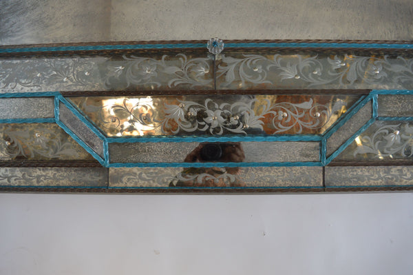 Large Venetian 1920's Murano Antique Mirror with Blue Glass Details