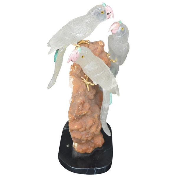 Sculpture of 3 Rock Crystal Parakeets