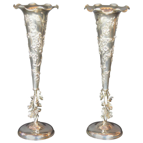 Pair of Quing Dynasty Silver Chinese Vases