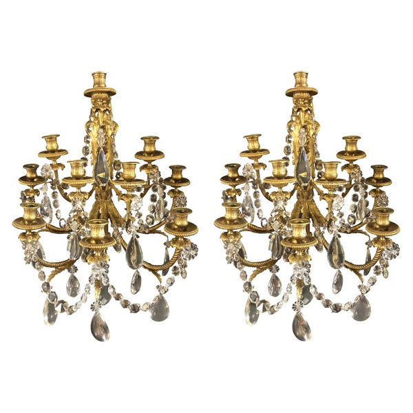Pair of Bronze and Crystal Sconces Signed by Paul Garnier
