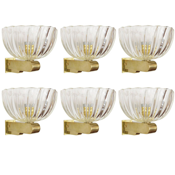 Set of Six Vintage Sconce w/ Clear Murano Glass Designed by Barovier e Toso, 1960s