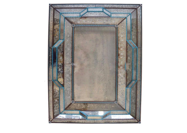 Large Venetian 1920's Murano Antique Mirror with Blue Glass Details