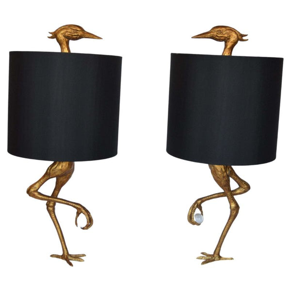 Pair of Stork Table Lamps with Black Lamp Shades. USA, 2000s