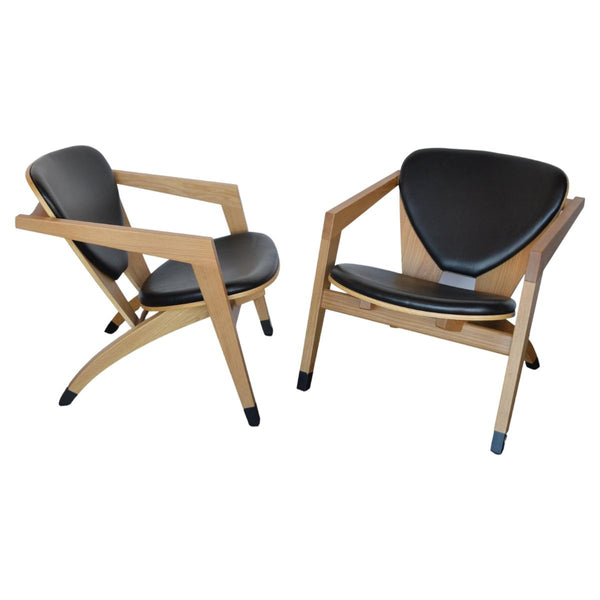 Modern American Wood Armchairs with Leather Upholstery