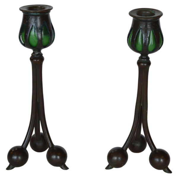 Vintage Tiffany Bronze & Green Favrile Glass Candlesticks