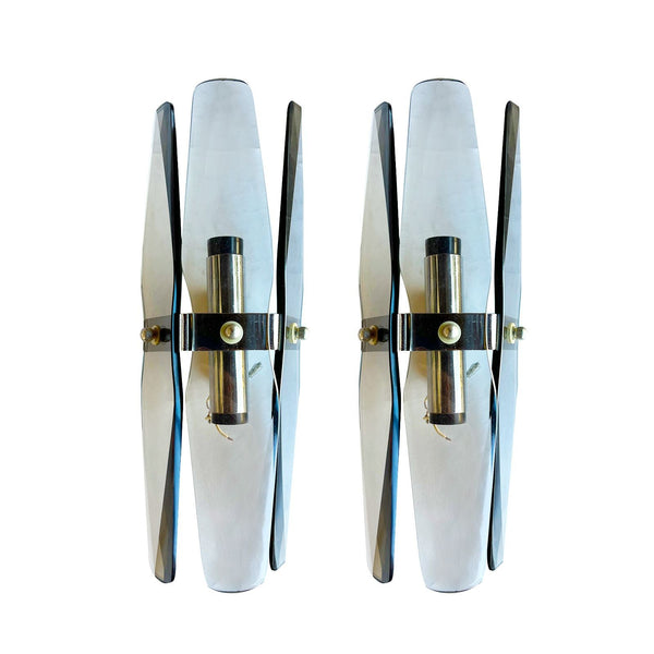 Pair of Fontana Arte Style Smoked Beveled Glass 2-Light Wall Sconce, Italy 1960