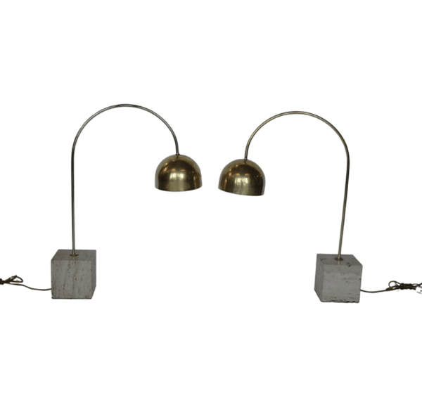 Pair of Italian 1950's Travertine and Brass Table Lamps