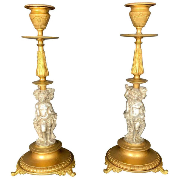 Pair of Renaissance Revival Part-Silvered Bronze Candlesticks
