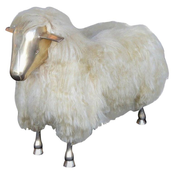 Beautiful Brass and Wool-Covered Wood Sheep, France, 20th Century
