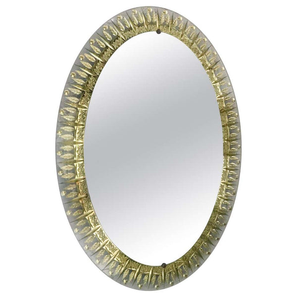 Italian Oval Mirror with Clear Beveled Glass & Gold Leaf Designed, Cristal Arte