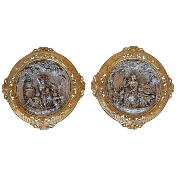 Pair of Deep Relief Figural Metal Wall Plaques, Late 19th Century
