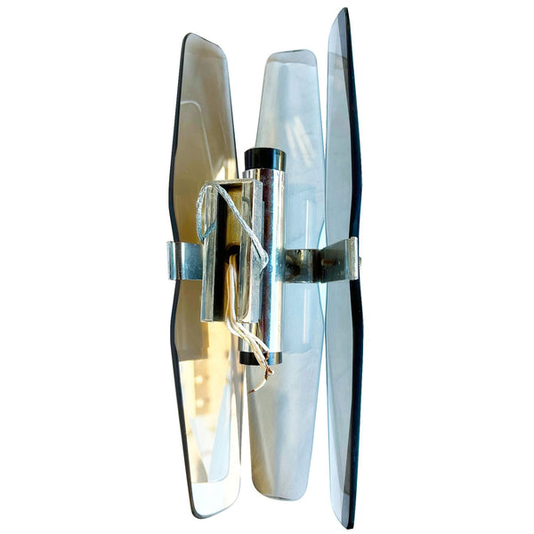 Pair of Fontana Arte Style Smoked Beveled Glass 2-Light Wall Sconce, Italy 1960