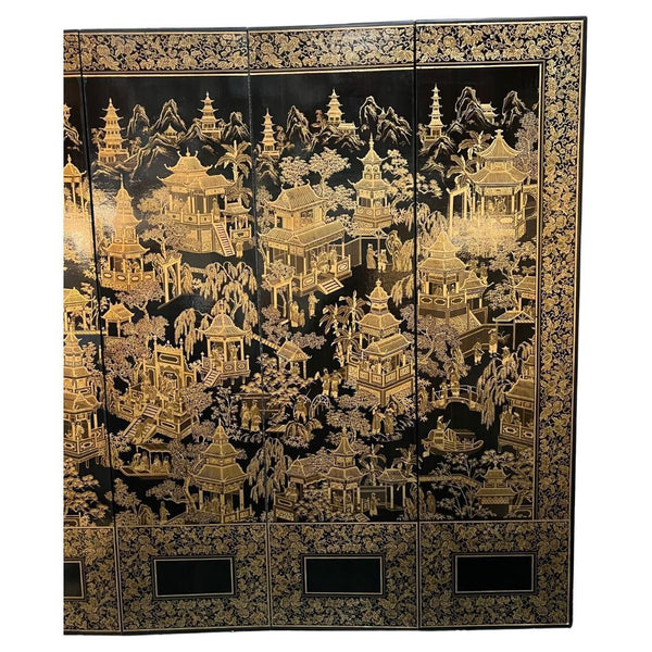 Black Robert Crowder, Chinoiserie Screen with Gold Leaf Detail