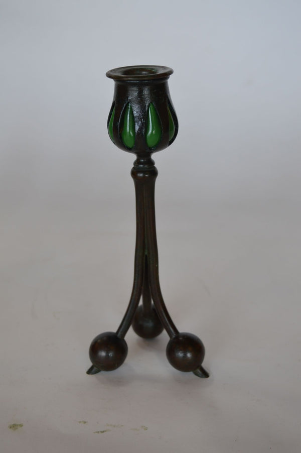 Vintage Tiffany Bronze & Green Favrile Glass Candlesticks