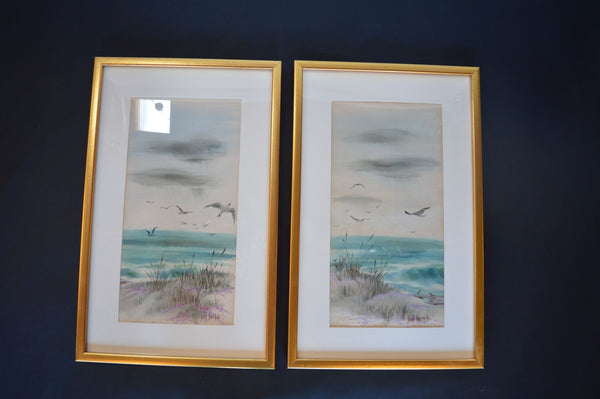 Signed David Norton Diptych Watercolor Painting on Canvas