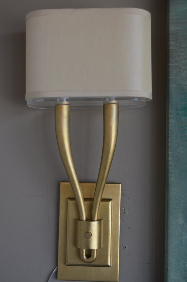 Pair of Two Arm Brushed Brass Sconces with Shades