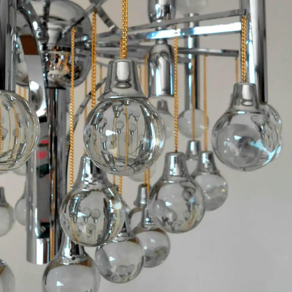 Vintage Italian Chandelier, Multiple Glass Spheres, Chrome Metal Frame, Sciolari