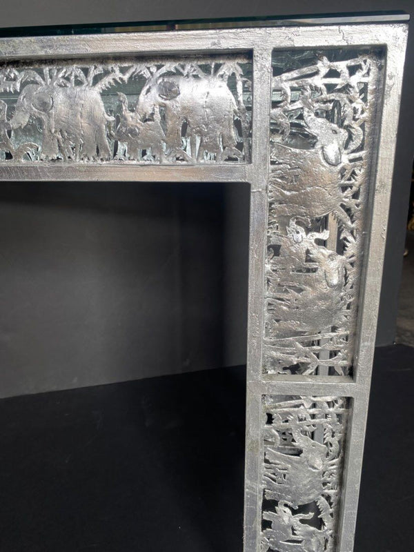 Metal Silver Leaf Finish Console with Elephant Scenes in the Jungle
