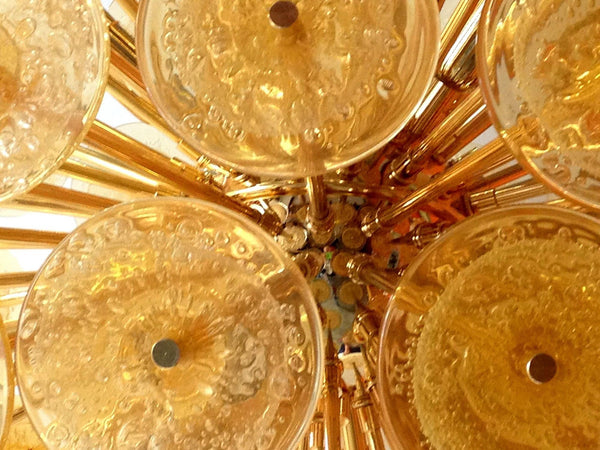 Italian Sputnik Chandelier with Amber Murano Glass Disks & Gold Plated Frame