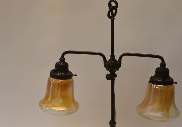 Vintage Tiffany Studios Two Light Bronze Favrile Table Lamp