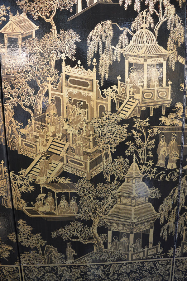 Black Robert Crowder, Chinoiserie Screen with Gold Leaf Detail