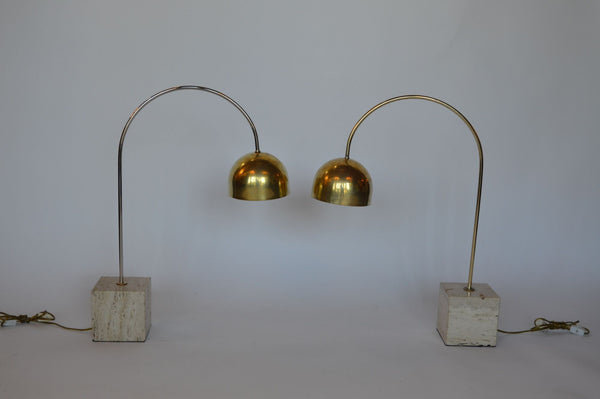 Pair of Italian 1950's Travertine and Brass Table Lamps