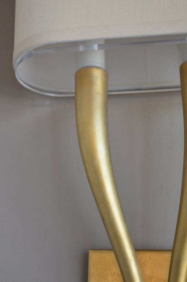 Pair of Two Arm Brushed Brass Sconces with Shades