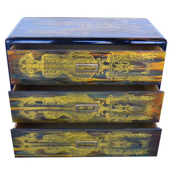 Small Commode Acid Etched, Brass Chest of Drawers by Bernhard Rohne for Mastercraft 1970s