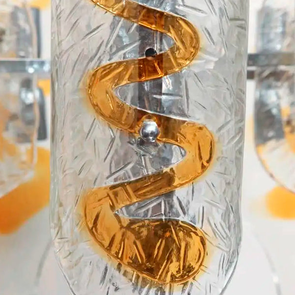Italian Chandelier w/ Clear & Amber Hand Blown Murano Glass Designed by Mazzega
