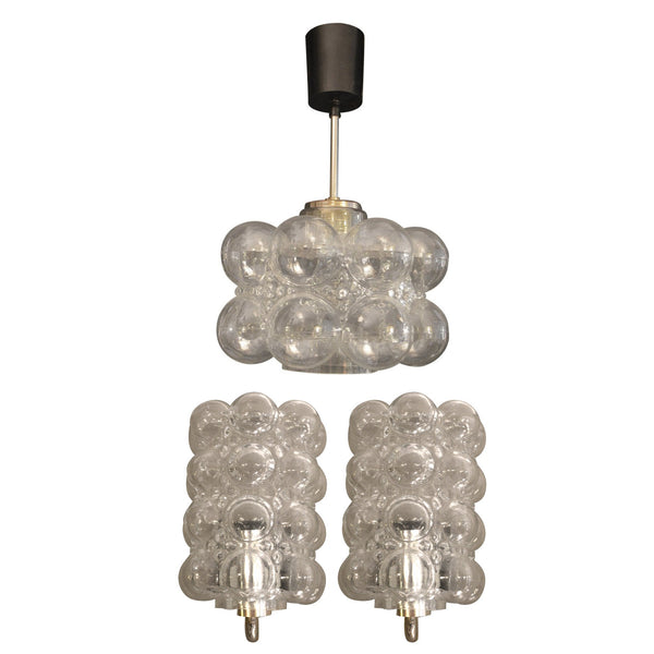 Pair of Hand Blown Glass Bubble Sconces with Matching Pendant Chandelier