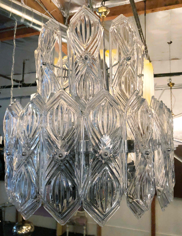 Art Deco Vintage Italian Chandelier w/ Clear Etched Glasses Mounted on Nickel Frame, circa 1960s