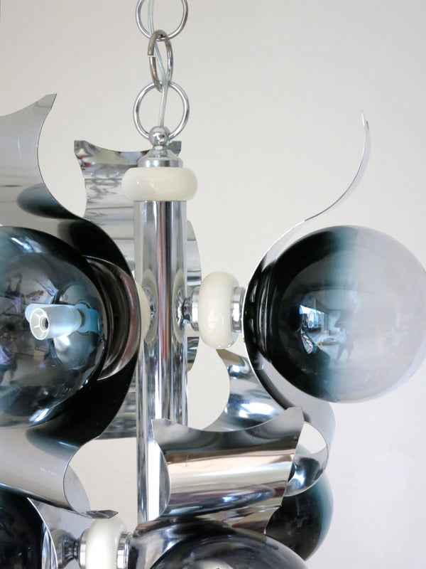 Vintage Italian Chandelier w/ Murano glass globes, Curved Chrome Metal Frame By Sciolari c 1960s