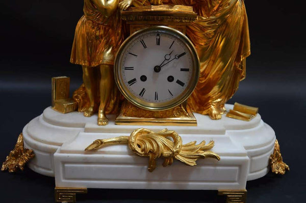 19th Century French Doré Bronze and White Marble Figural Clock