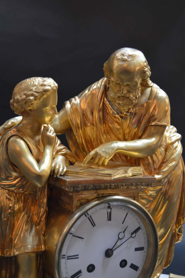 19th Century French Doré Bronze and White Marble Figural Clock