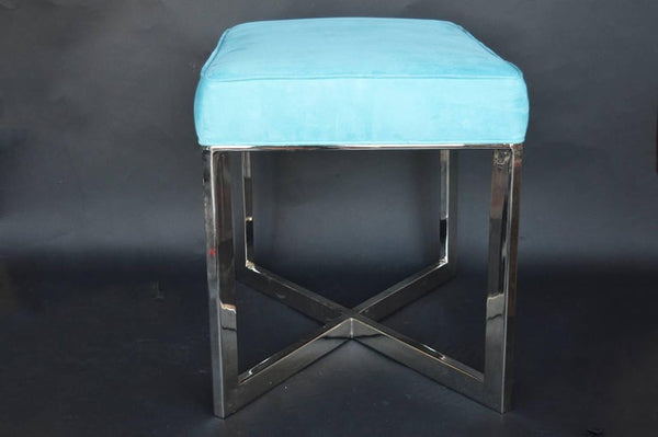 Pair of Blue Suede and Nickel-Plated Stools