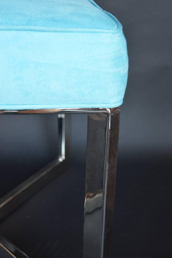Pair of Blue Suede and Nickel-Plated Stools