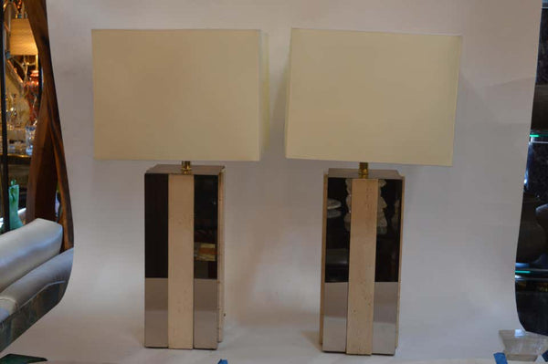 Single Square Copper Mirror and Travertine Lamp
