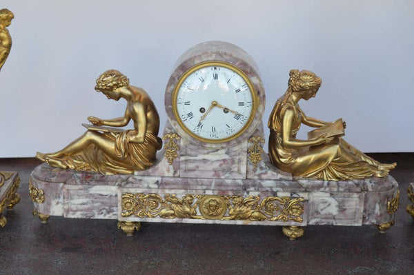 19th Century Gilt Bronze Ormolu and Marble Clock Set